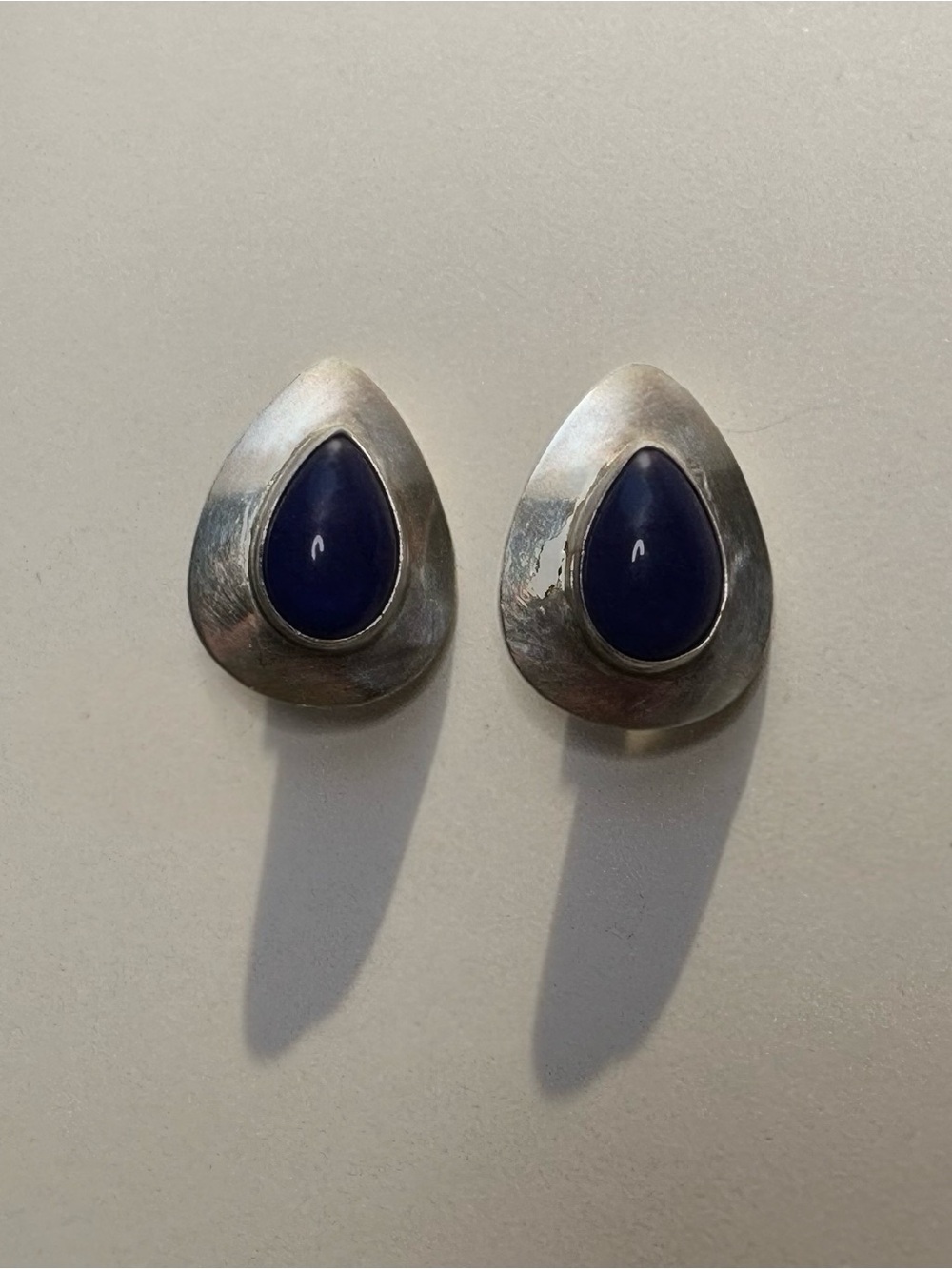 Vintage Sterling Silver Teardrop Earrings with Lapis Cabochon
